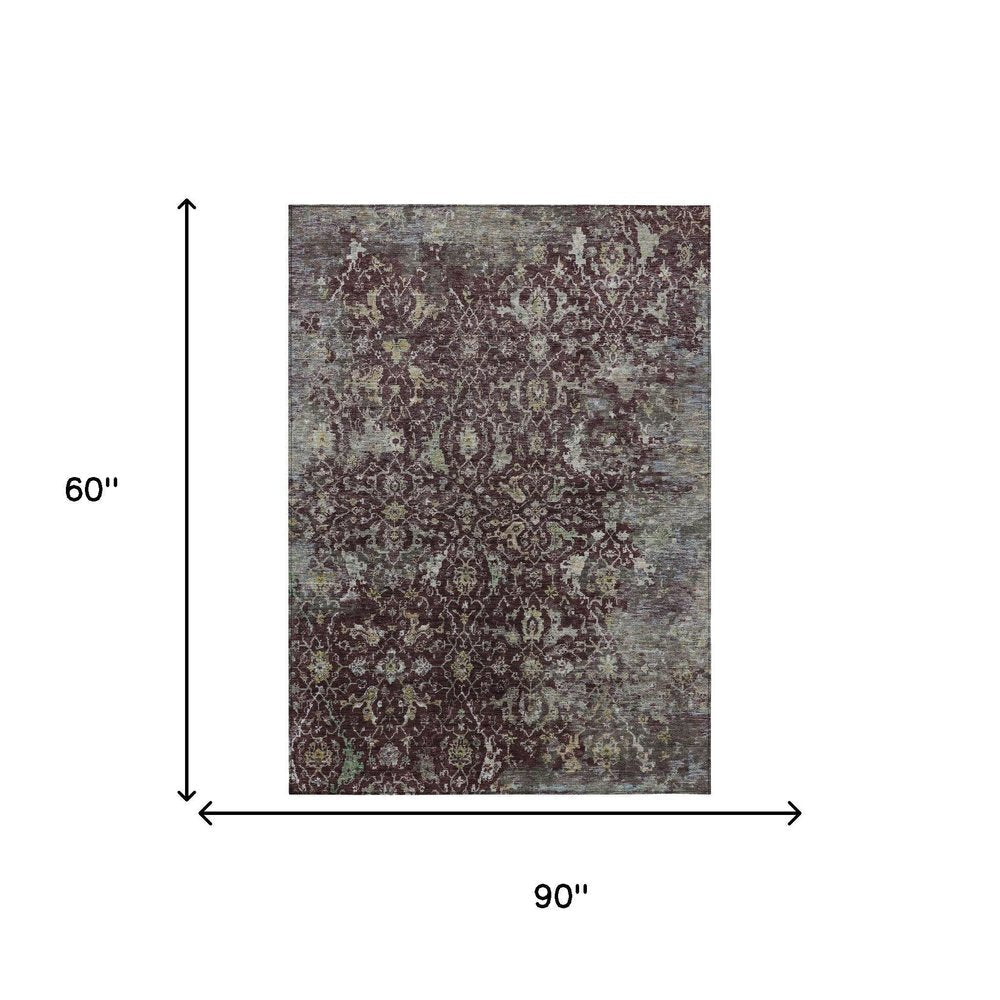 5' X 8' Burgundy And Gray Damask Washable Indoor Outdoor Area Rug
