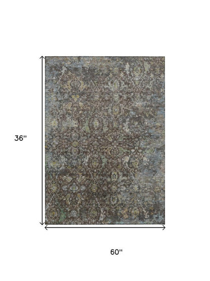 3' X 5' Chocolate And Gray Damask Washable Indoor Outdoor Area Rug HomeRoots