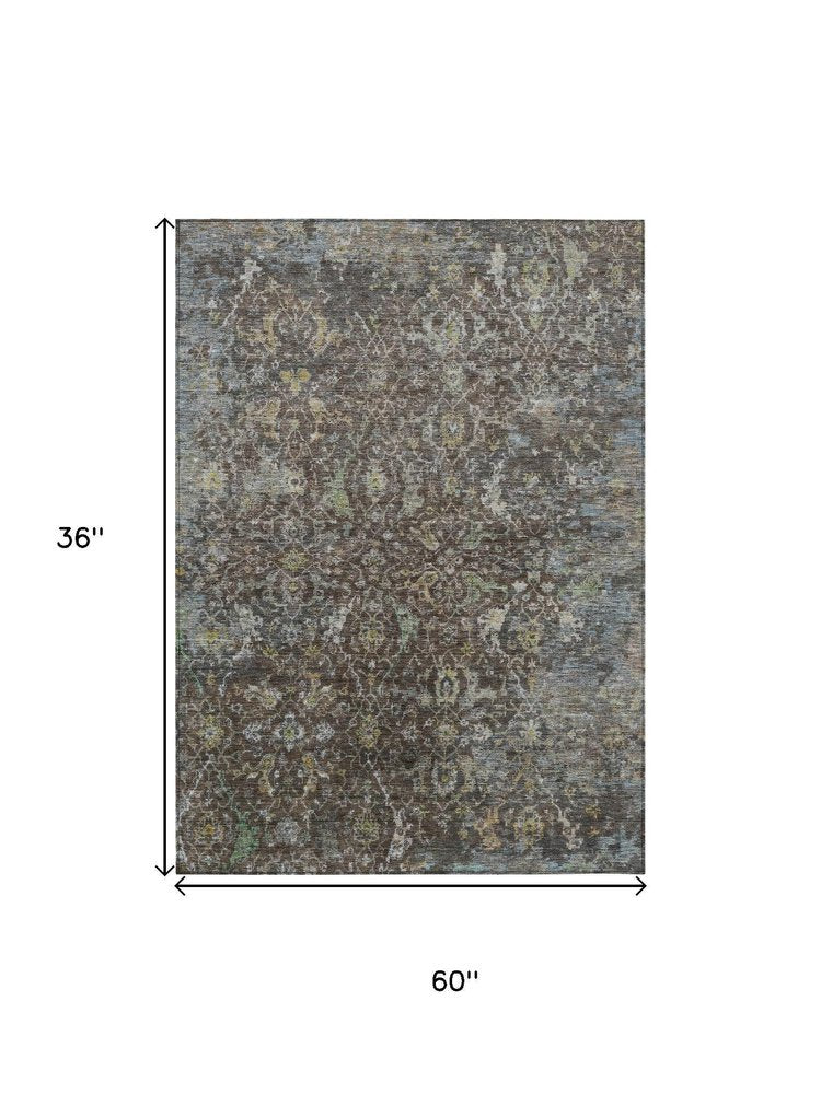 3' X 5' Chocolate And Gray Damask Washable Indoor Outdoor Area Rug — view 6
