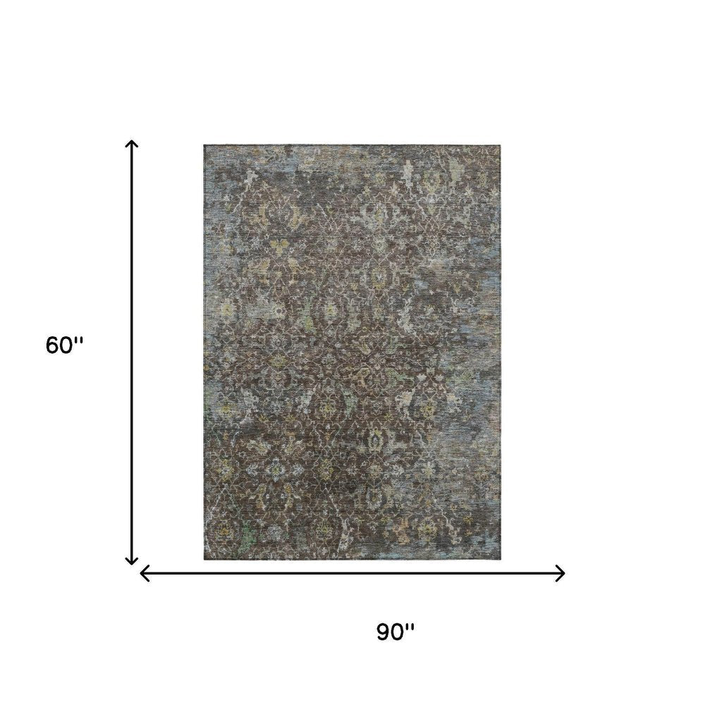 5' X 8' Chocolate And Gray Damask Washable Indoor Outdoor Area Rug HomeRoots