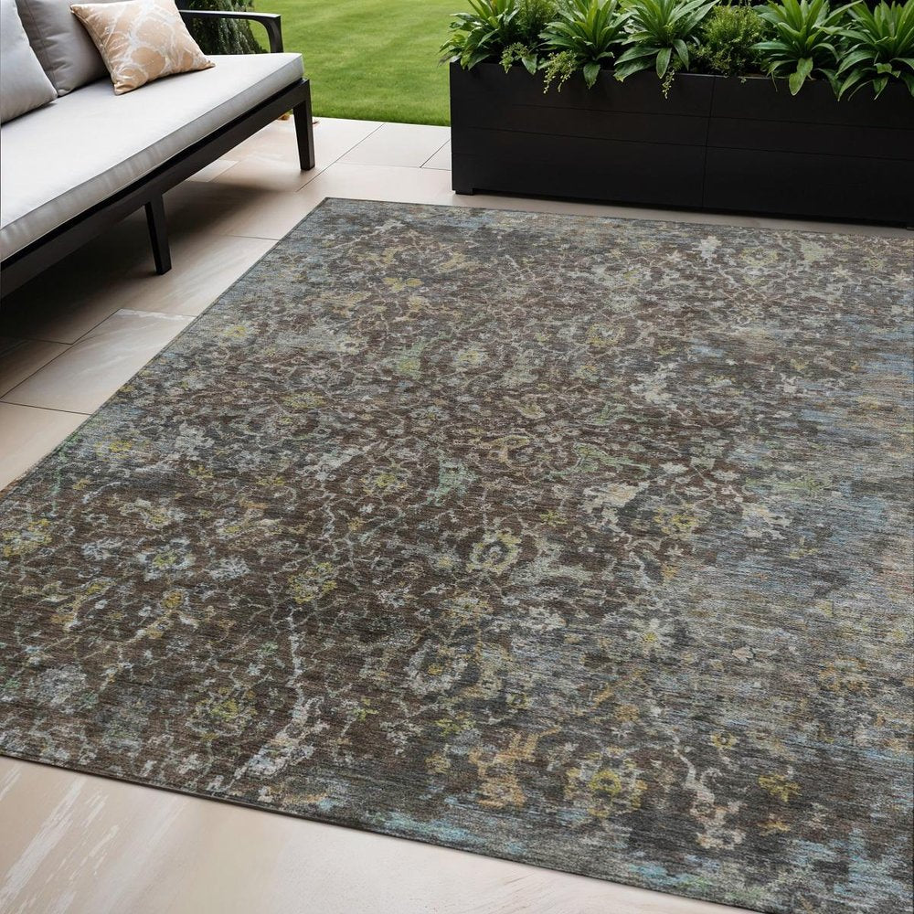 5' X 8' Chocolate And Gray Damask Washable Indoor Outdoor Area Rug — view 5