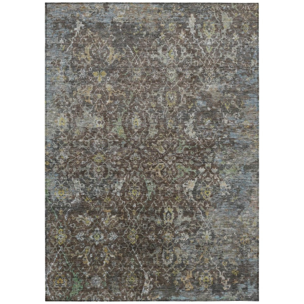 5' X 8' Chocolate And Gray Damask Washable Indoor Outdoor Area Rug