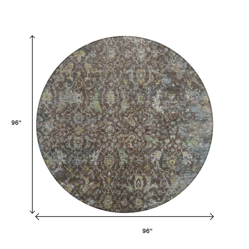 8' Chocolate And Gray Round Damask Washable Indoor Outdoor Area Rug — view 13