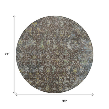 8' Chocolate And Gray Round Damask Washable Indoor Outdoor Area Rug HomeRoots