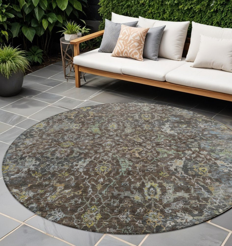 8' Chocolate And Gray Round Damask Washable Indoor Outdoor Area Rug — view 8