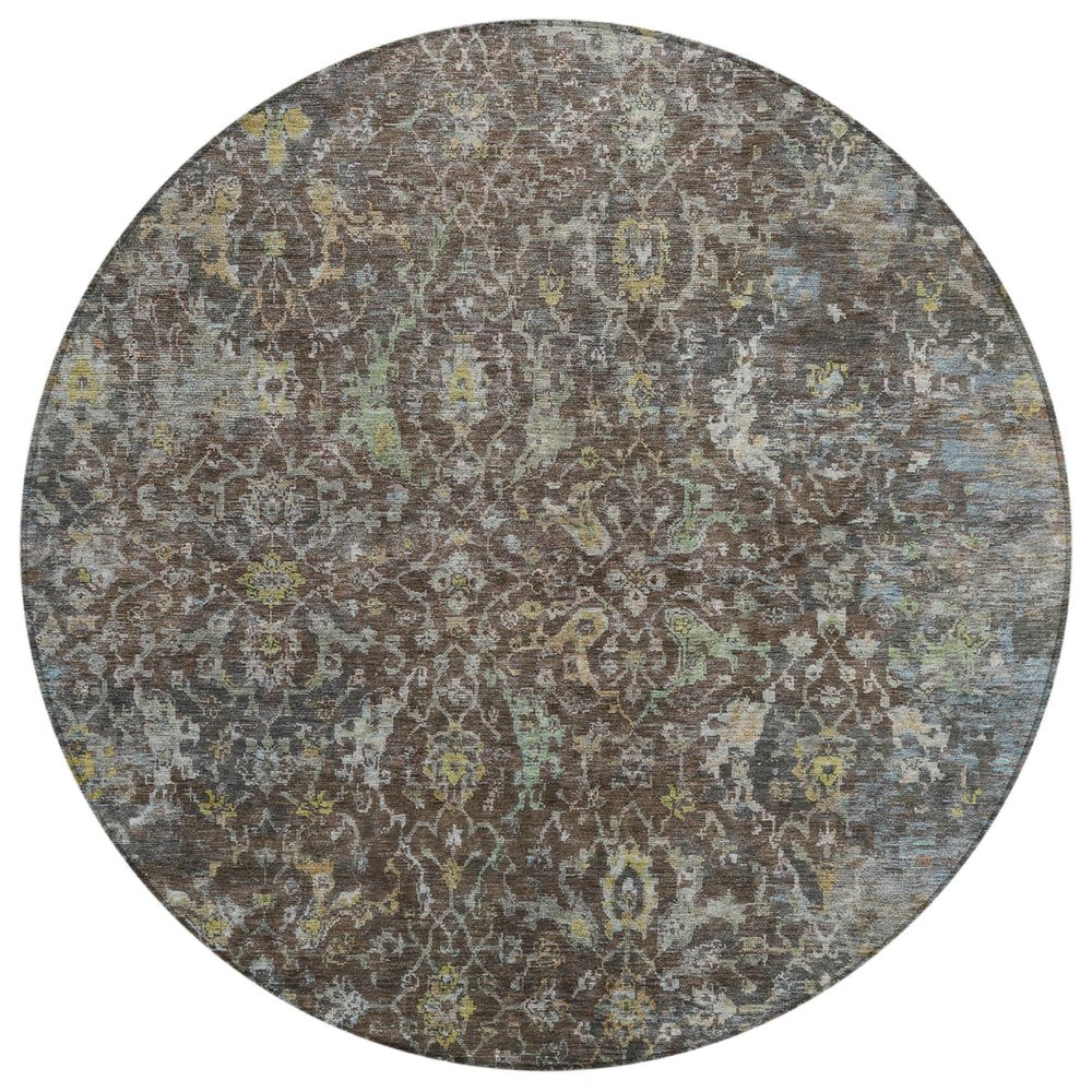 8' Chocolate And Gray Round Damask Washable Indoor Outdoor Area Rug HomeRoots
