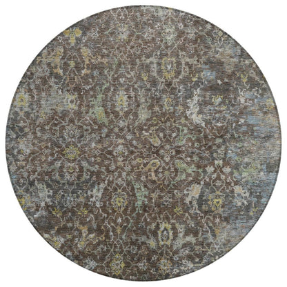 8' Chocolate And Gray Round Damask Washable Indoor Outdoor Area Rug HomeRoots