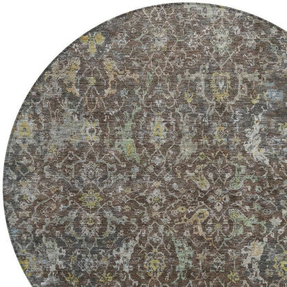 8' Chocolate And Gray Round Damask Washable Indoor Outdoor Area Rug HomeRoots