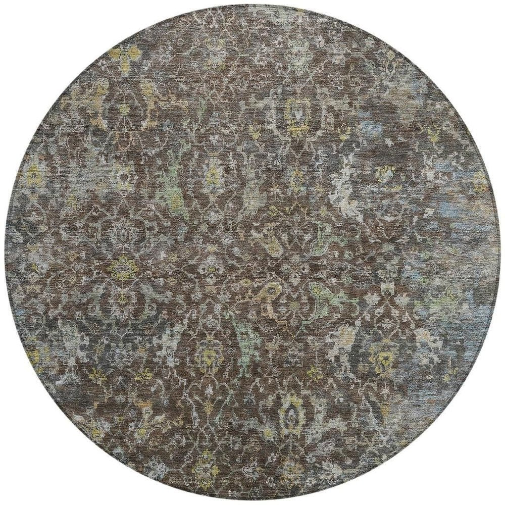 8' Chocolate And Gray Round Damask Washable Indoor Outdoor Area Rug — view 6