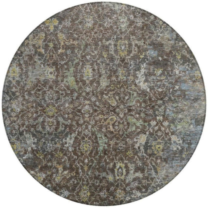 8' Chocolate And Gray Round Damask Washable Indoor Outdoor Area Rug HomeRoots