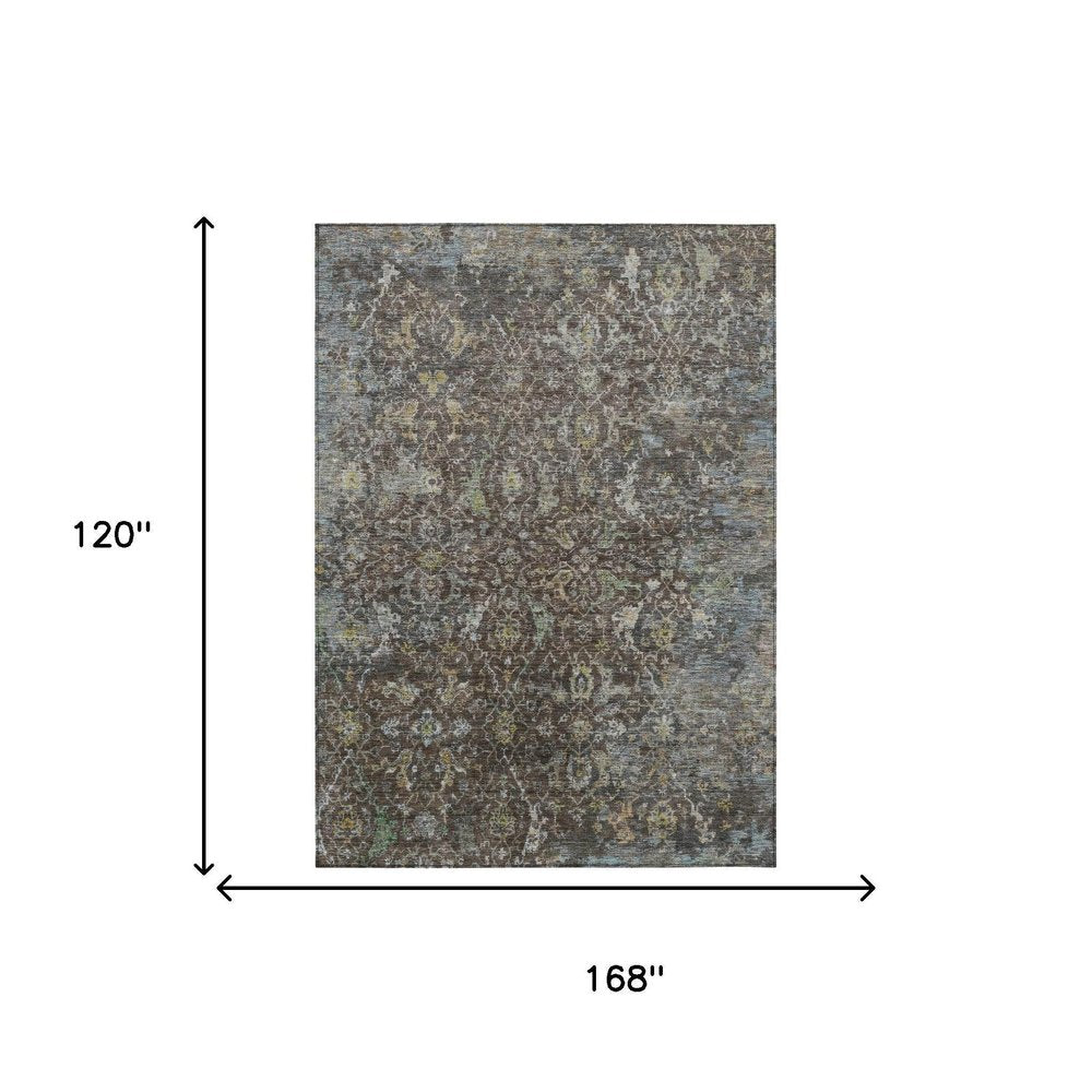 10' X 14' Chocolate And Gray Damask Washable Indoor Outdoor Area Rug — view 7