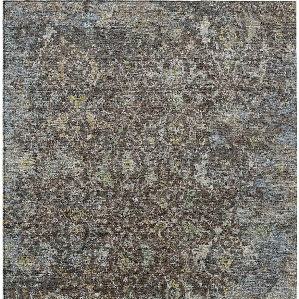 10' X 14' Chocolate And Gray Damask Washable Indoor Outdoor Area Rug — view 6