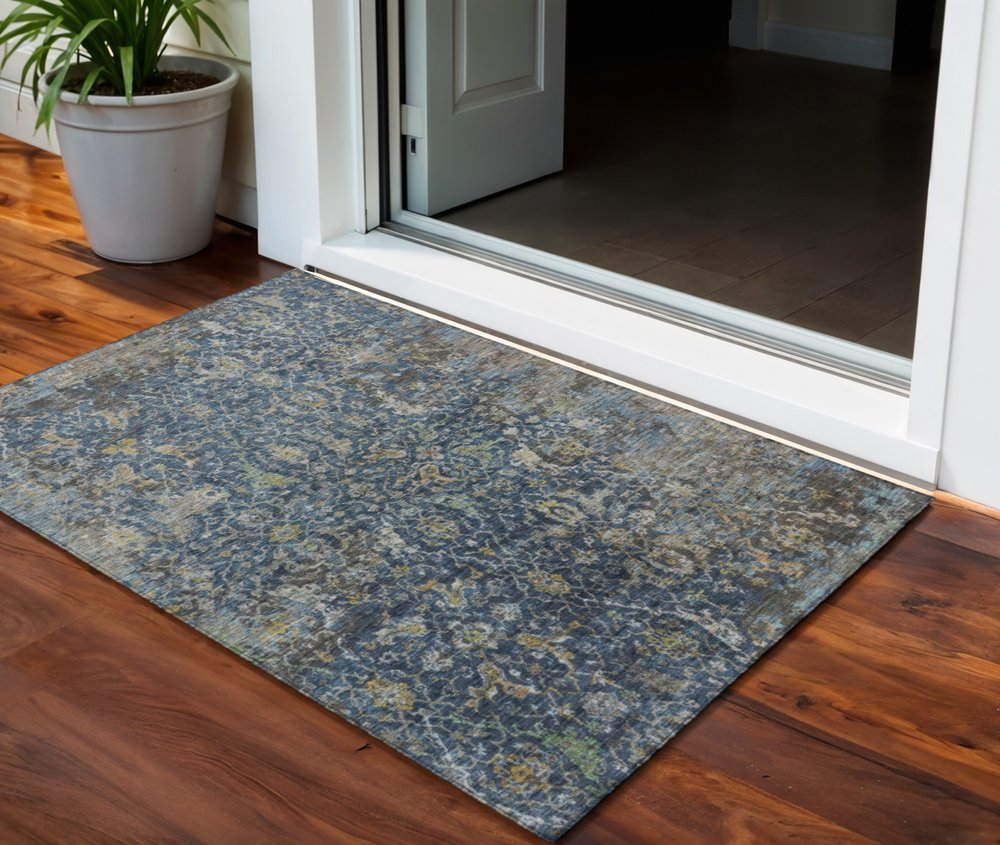 3' X 5' Navy Blue And Gray Damask Washable Indoor Outdoor Area Rug HomeRoots