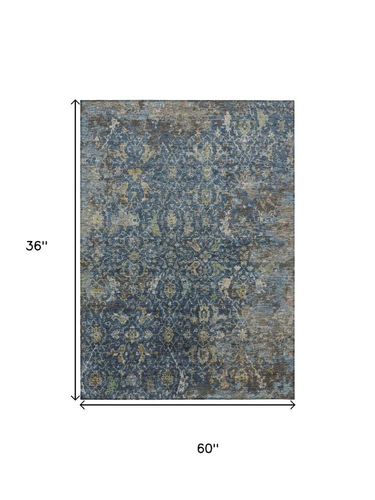 3' X 5' Navy Blue And Gray Damask Washable Indoor Outdoor Area Rug HomeRoots