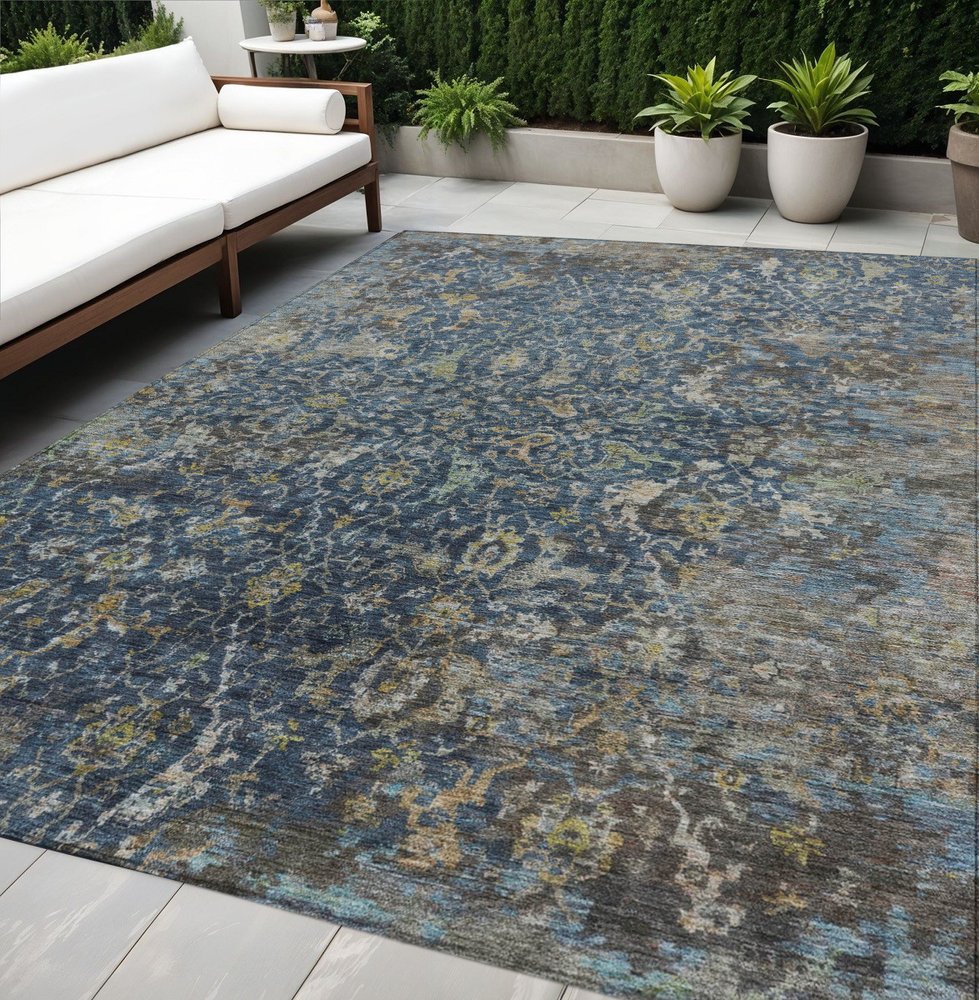 5' X 8' Navy Blue And Gray Damask Washable Indoor Outdoor Area Rug HomeRoots