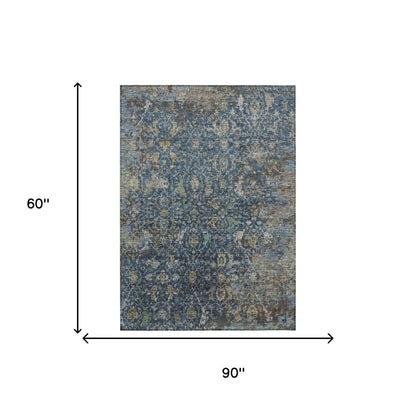 5' X 8' Navy Blue And Gray Damask Washable Indoor Outdoor Area Rug HomeRoots