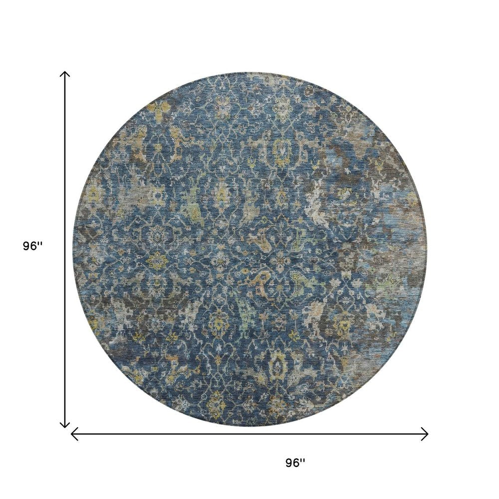 8' Navy Blue And Gray Round Damask Washable Indoor Outdoor Area Rug HomeRoots