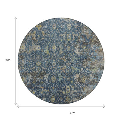 8' Navy Blue And Gray Round Damask Washable Indoor Outdoor Area Rug HomeRoots