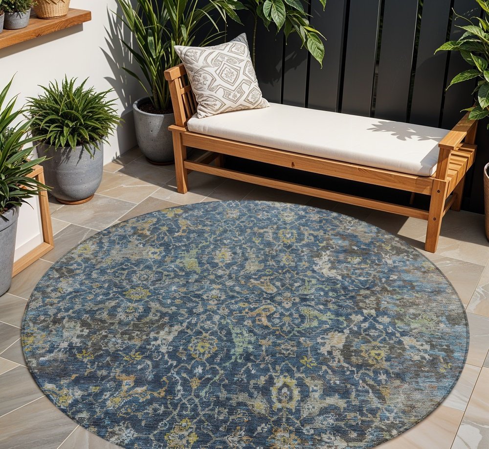 8' Navy Blue And Gray Round Damask Washable Indoor Outdoor Area Rug HomeRoots