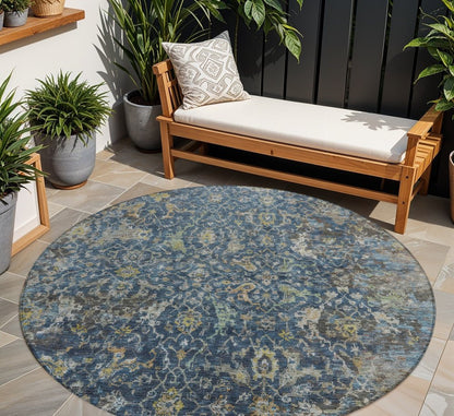 8' Navy Blue And Gray Round Damask Washable Indoor Outdoor Area Rug HomeRoots