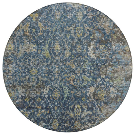 8' Navy Blue And Gray Round Damask Washable Indoor Outdoor Area Rug