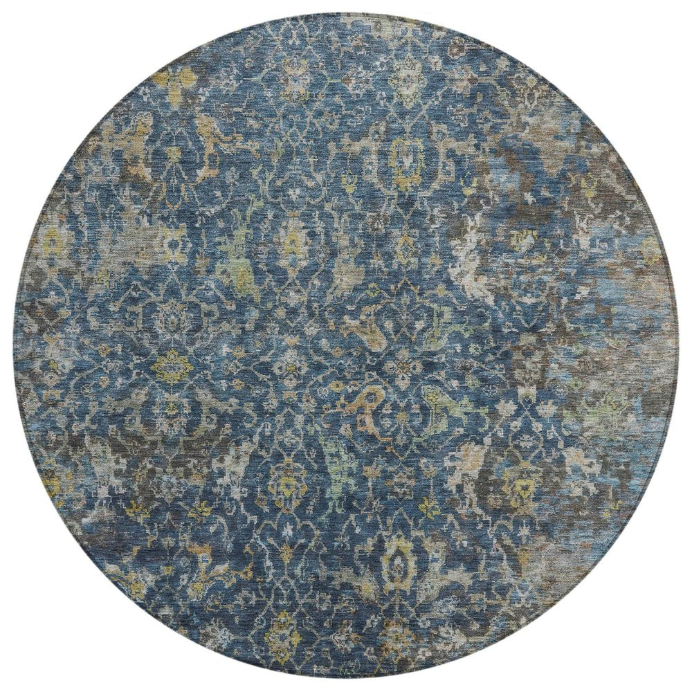 8' Navy Blue And Gray Round Damask Washable Indoor Outdoor Area Rug HomeRoots