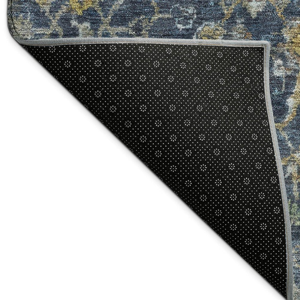 8' Navy Blue And Gray Round Damask Washable Indoor Outdoor Area Rug — view 2