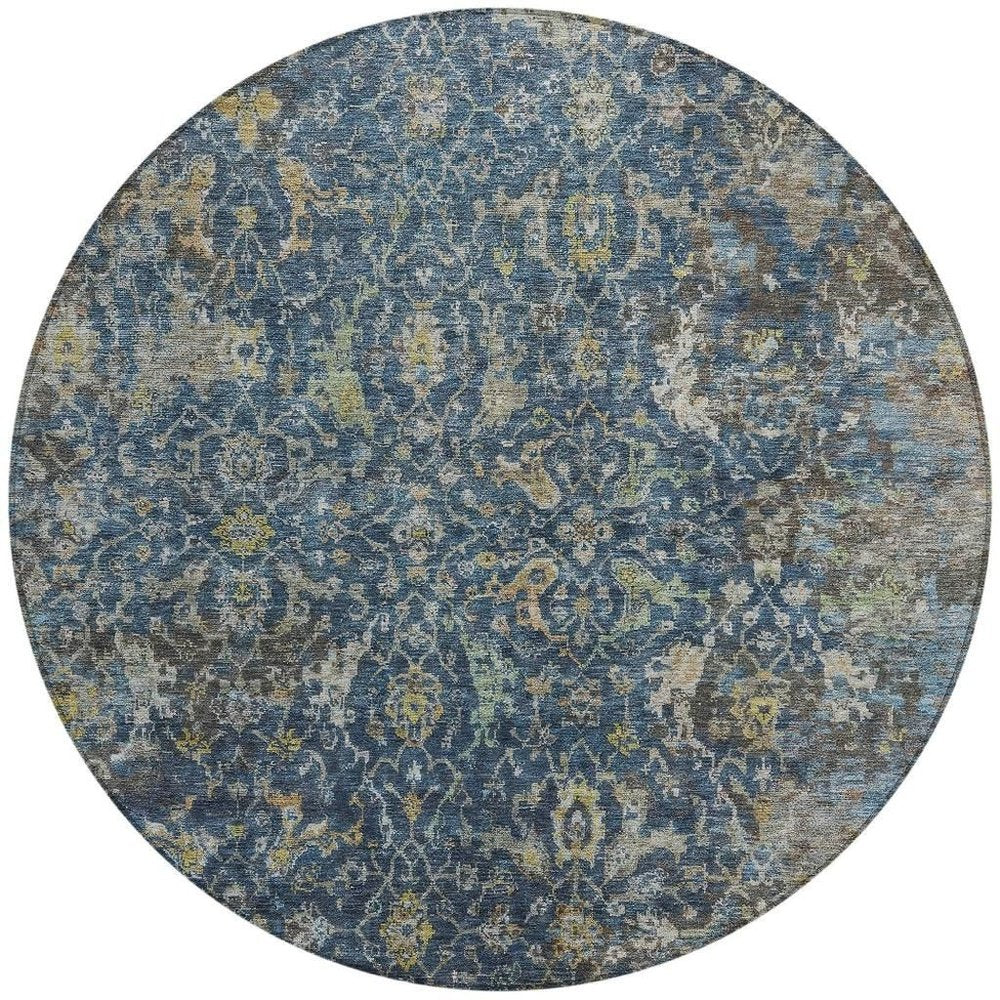 8' Navy Blue And Gray Round Damask Washable Indoor Outdoor Area Rug — view 5