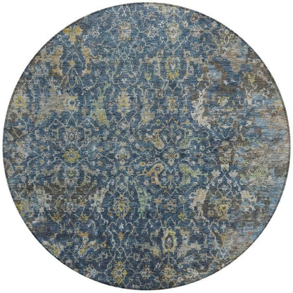8' Navy Blue And Gray Round Damask Washable Indoor Outdoor Area Rug HomeRoots