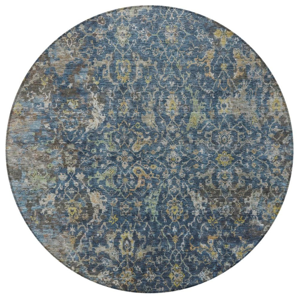 8' Navy Blue And Gray Round Damask Washable Indoor Outdoor Area Rug — view 6