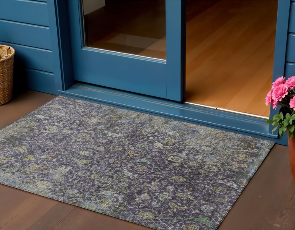 3' X 5' Plum And Gray Damask Washable Indoor Outdoor Area Rug HomeRoots