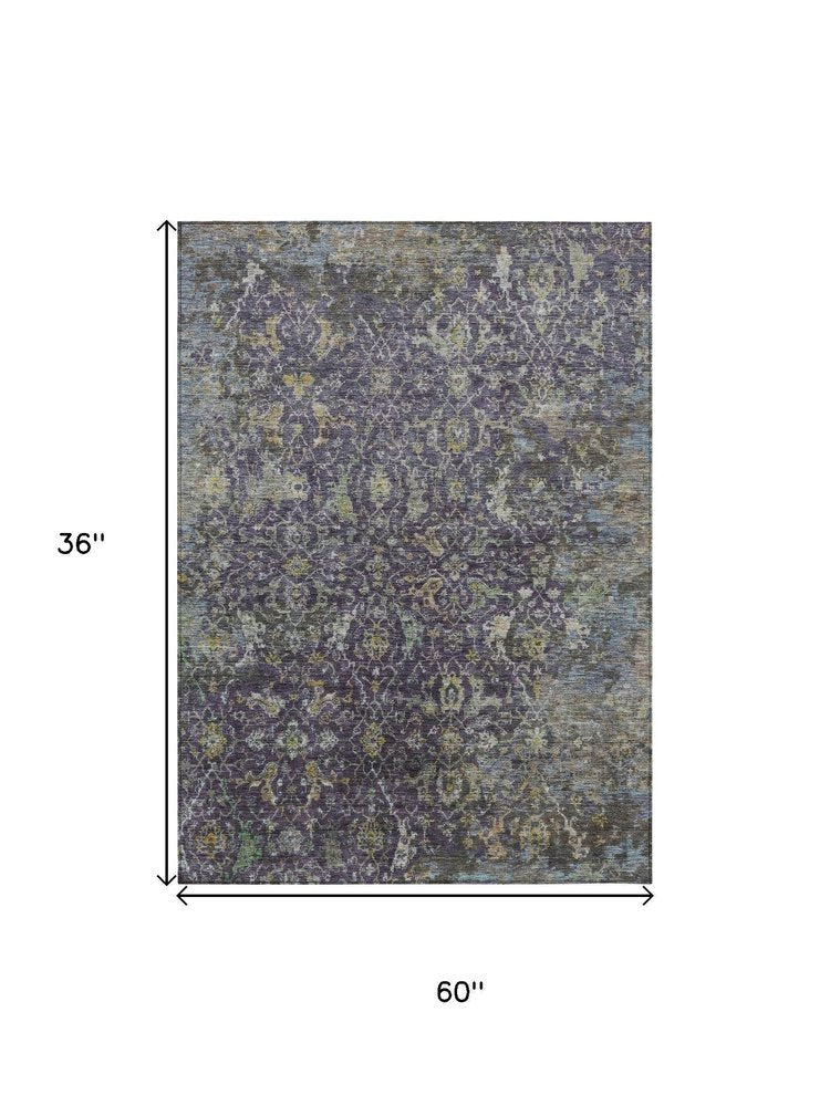3' X 5' Plum And Gray Damask Washable Indoor Outdoor Area Rug — view 6