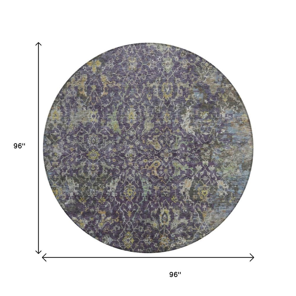 8' Plum And Gray Round Damask Washable Indoor Outdoor Area Rug — view 5