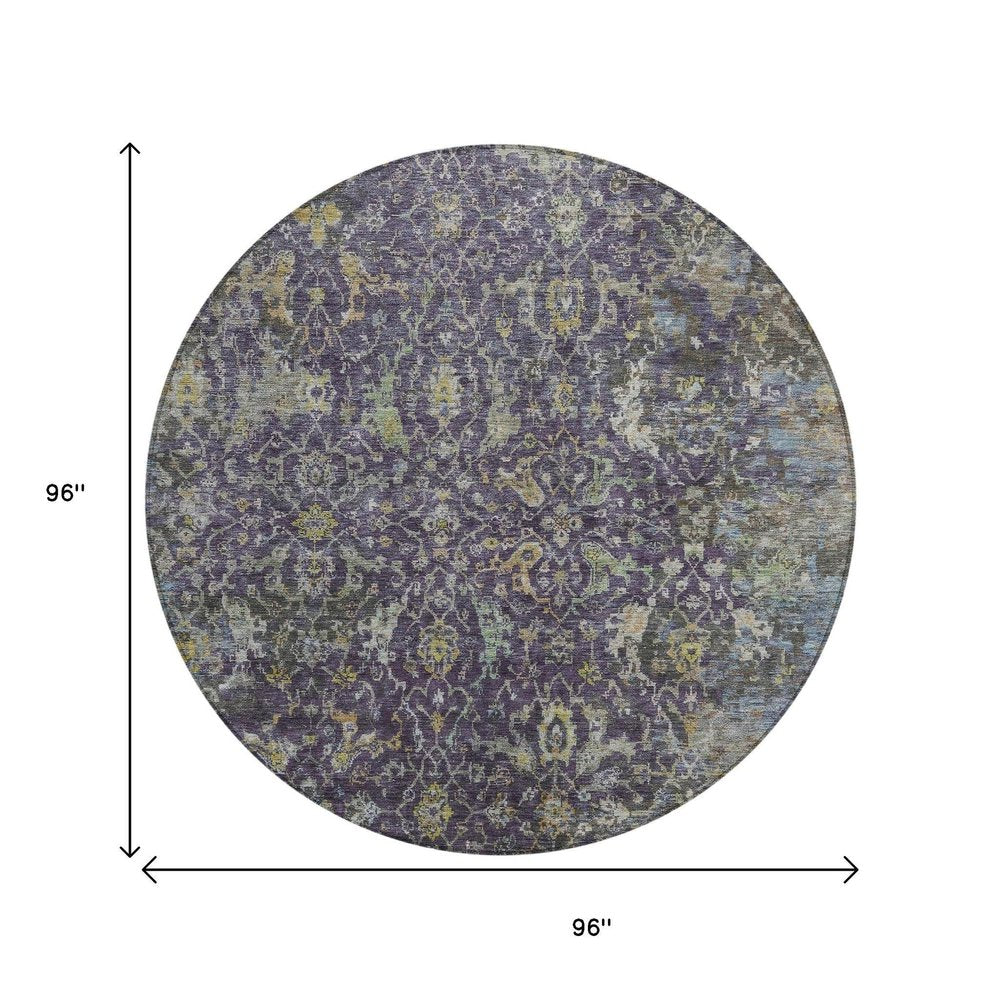 8' Plum And Gray Round Damask Washable Indoor Outdoor Area Rug HomeRoots