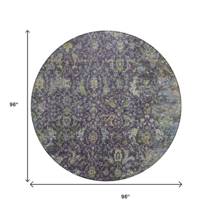 8' Plum And Gray Round Damask Washable Indoor Outdoor Area Rug HomeRoots