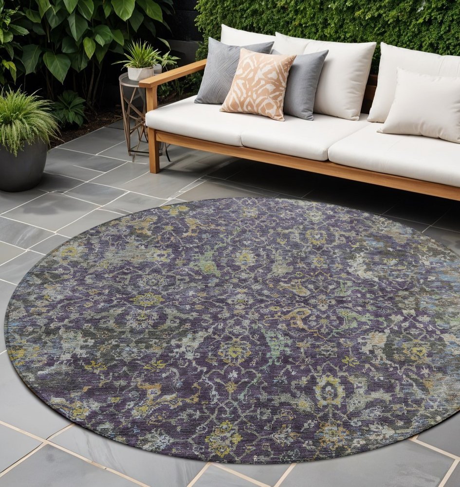 8' Plum And Gray Round Damask Washable Indoor Outdoor Area Rug HomeRoots