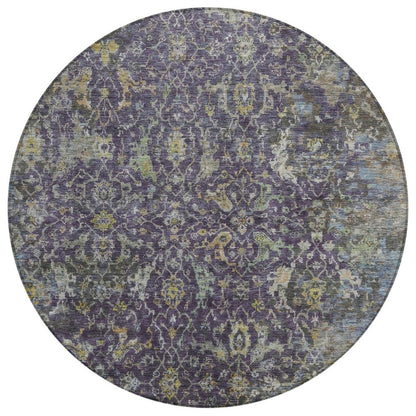 8' Plum And Gray Round Damask Washable Indoor Outdoor Area Rug HomeRoots