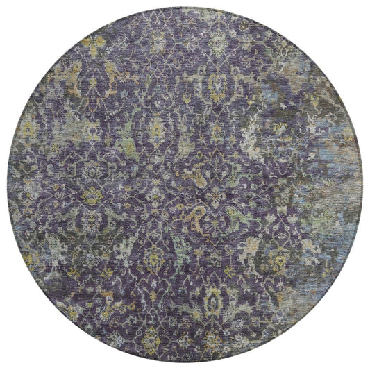 8' Plum And Gray Round Damask Washable Indoor Outdoor Area Rug