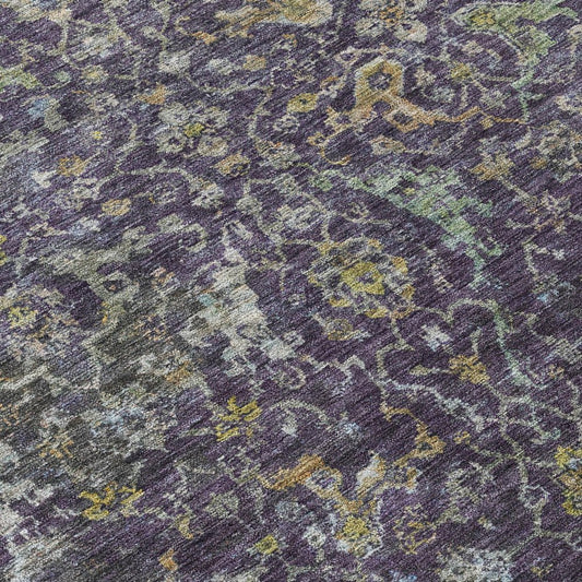 8' Plum And Gray Round Damask Washable Indoor Outdoor Area Rug