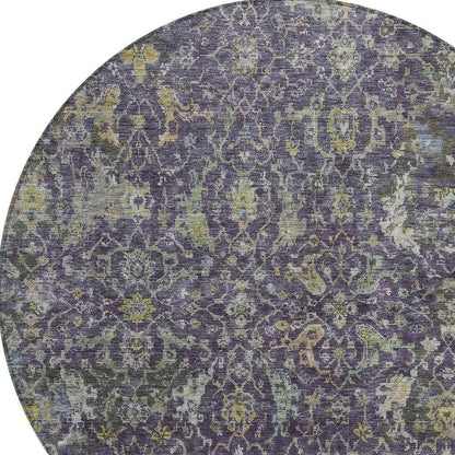 8' Plum And Gray Round Damask Washable Indoor Outdoor Area Rug HomeRoots