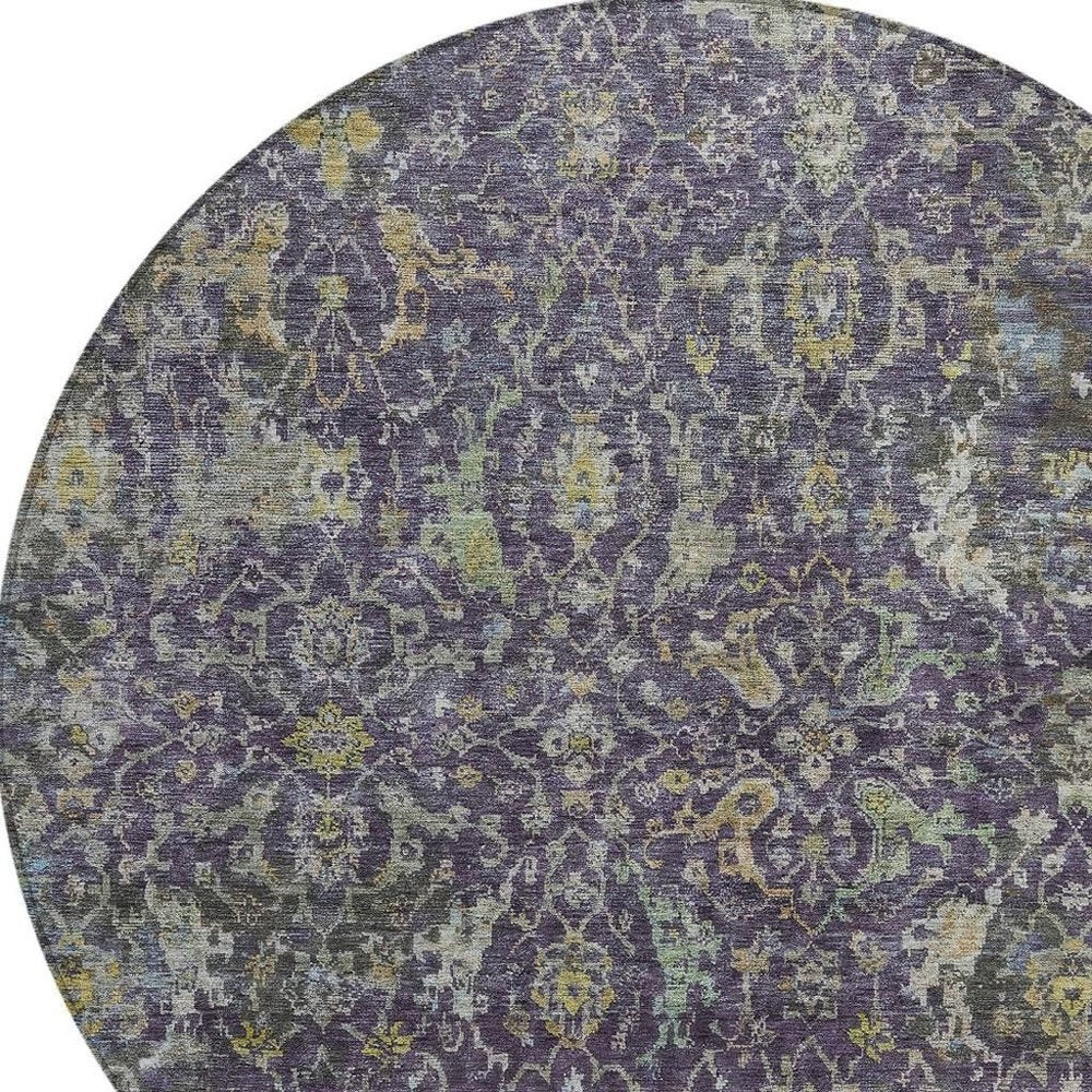 8' Plum And Gray Round Damask Washable Indoor Outdoor Area Rug — view 3