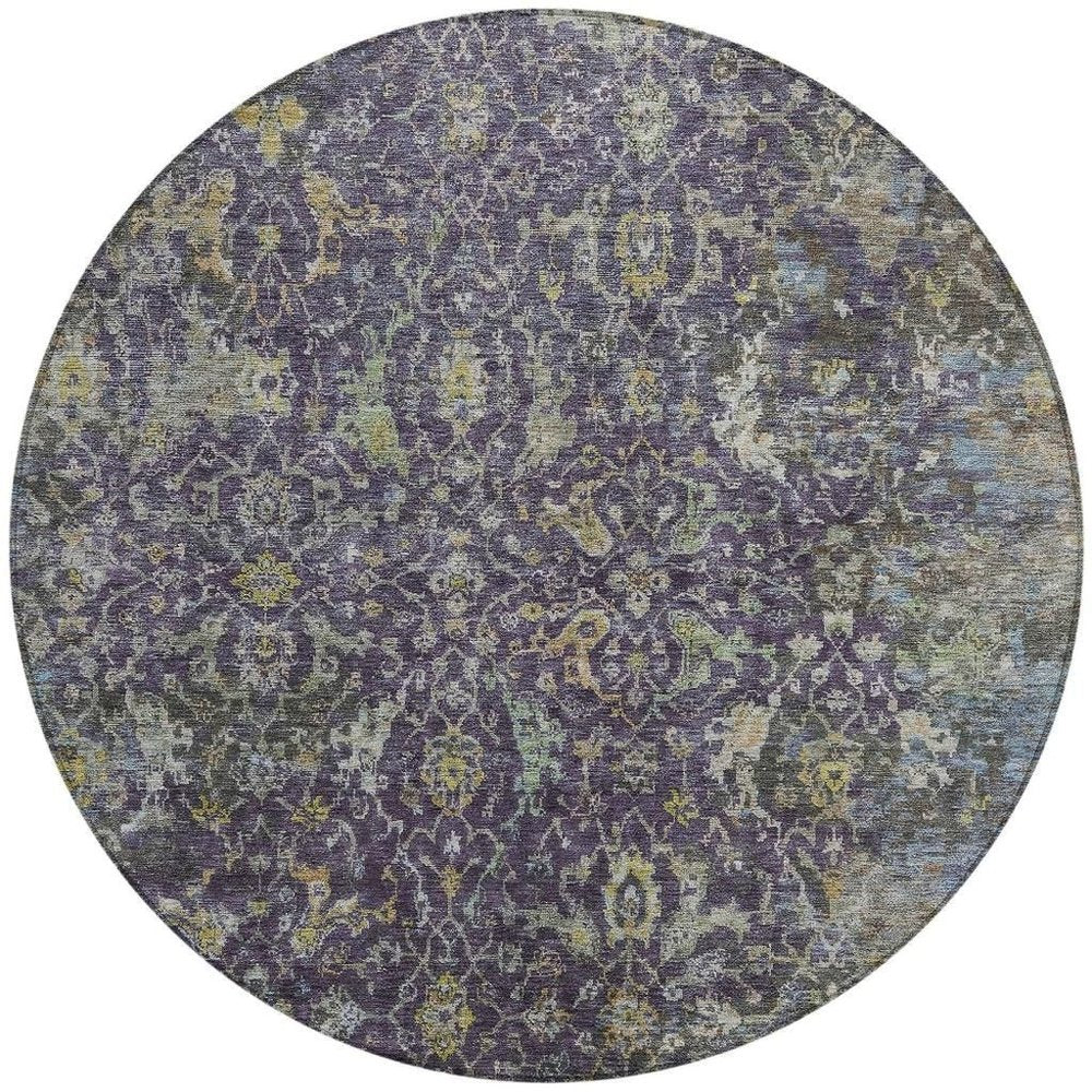 8' Plum And Gray Round Damask Washable Indoor Outdoor Area Rug — view 4