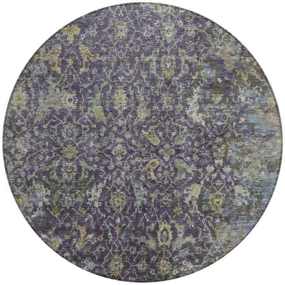 8' Plum And Gray Round Damask Washable Indoor Outdoor Area Rug HomeRoots