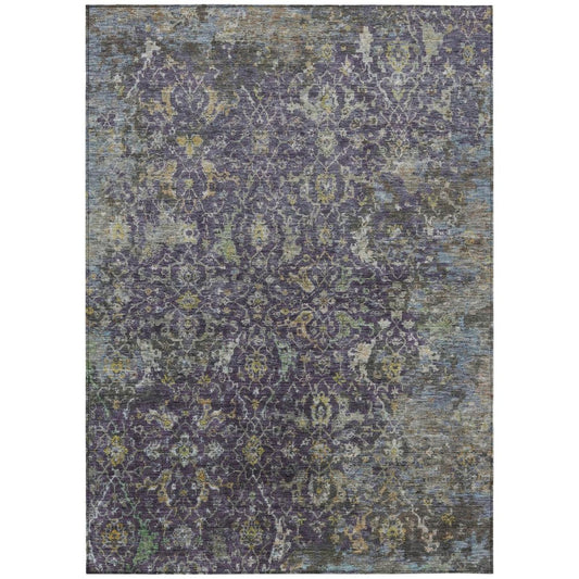 9' X 12' Plum And Gray Damask Washable Indoor Outdoor Area Rug