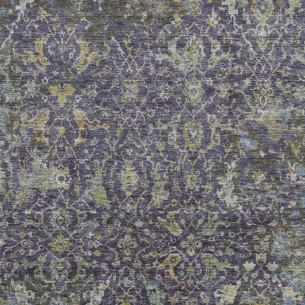 9' X 12' Plum And Gray Damask Washable Indoor Outdoor Area Rug