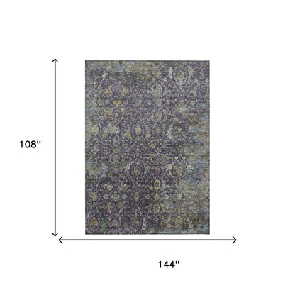 9' X 12' Plum And Gray Damask Washable Indoor Outdoor Area Rug