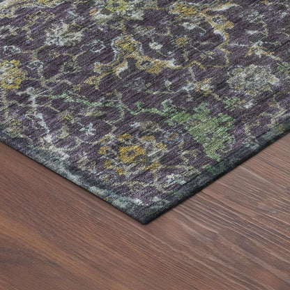 9' X 12' Plum And Gray Damask Washable Indoor Outdoor Area Rug