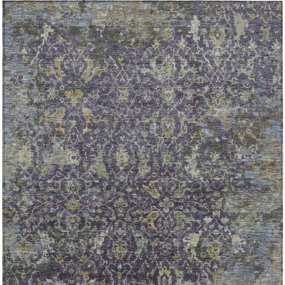 9' X 12' Plum And Gray Damask Washable Indoor Outdoor Area Rug