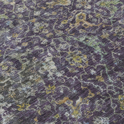 9' X 12' Plum And Gray Damask Washable Indoor Outdoor Area Rug