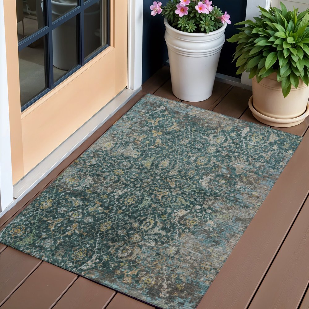 3' X 5' Teal Blue And Gray Damask Washable Indoor Outdoor Area Rug HomeRoots